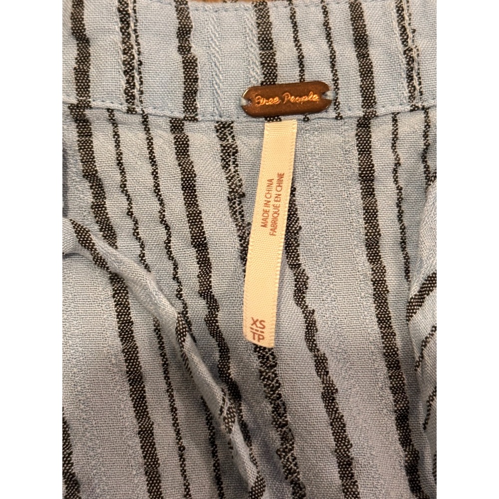 Free People Blue Striped Tunic Top XS Balloon Sleeve Boho VNeck Tie Front Blouse - Picture 8 of 12